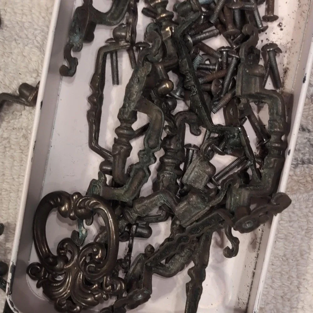 Ornate Antique Drawer Pulls Handles Bronze Metal Vintage Style Screws Tin